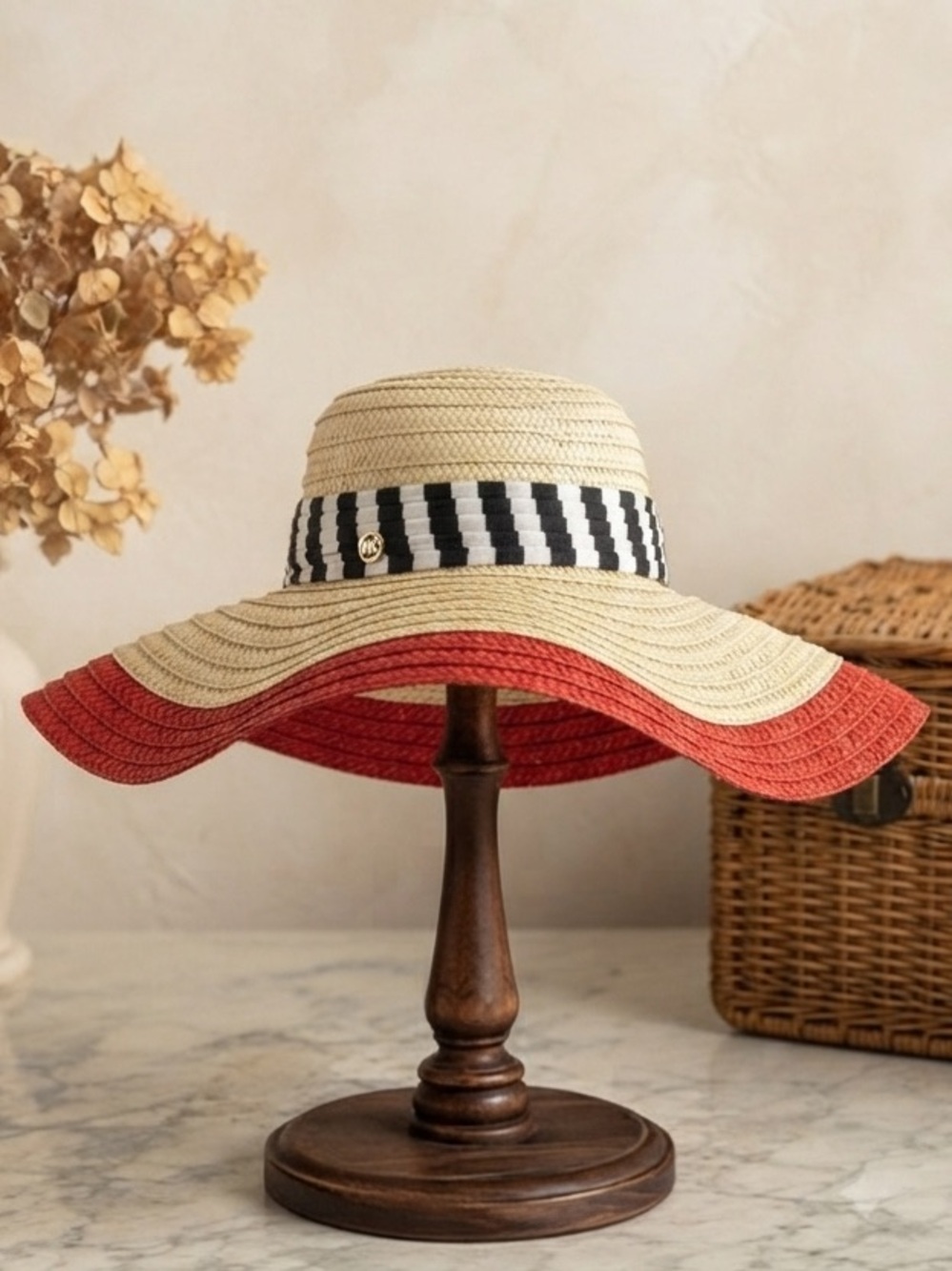 Juicy Couture Nautical Red Coral & White Wide Brim Straw Sun Hat